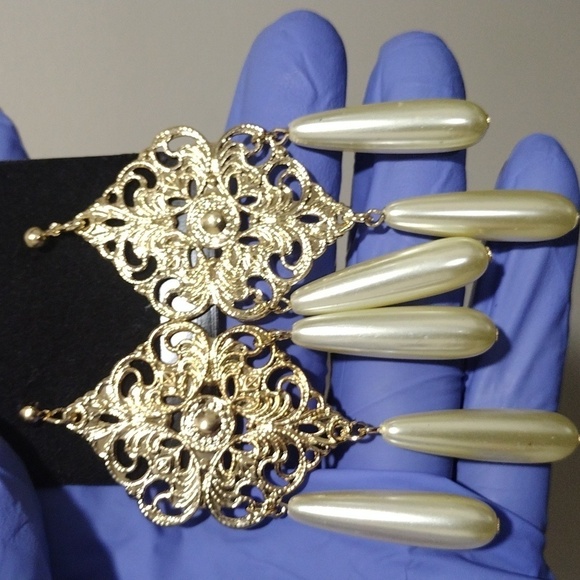 Women's Stylish Gold-tone Filigree Design Long Beads Drop Dangle Earrings, #4 - Picture 3 of 5